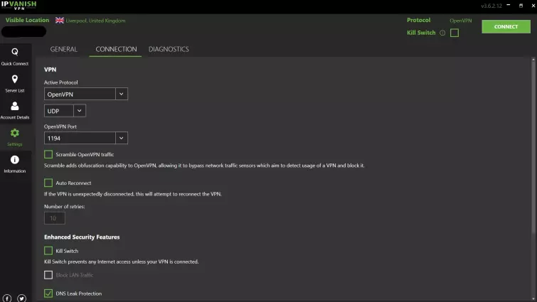 IPvanish connection settings