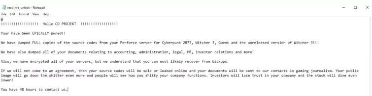 CD Projekt red ransom note