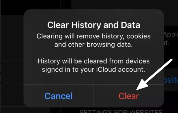 Clear history popup with arrow pointing to the clear option
