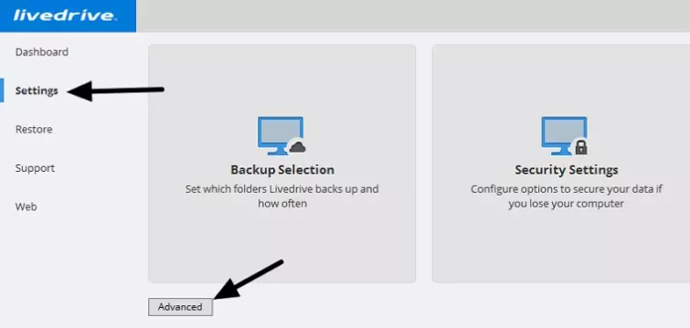 arrows pointing to livedrive settings tab and advanced settings button