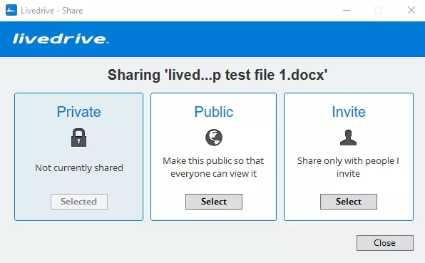 sharing a livedrive file, options private, public, invite
