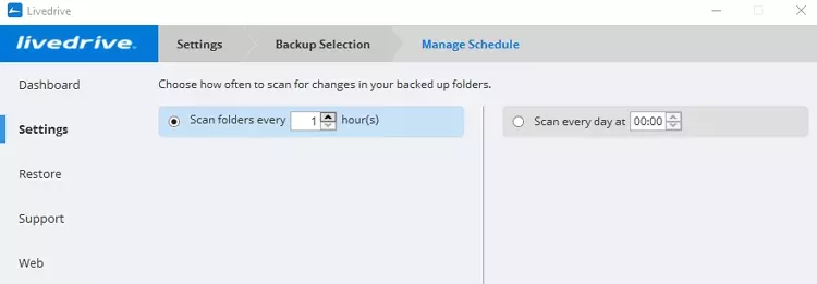 livedrive settings tab set back scheule