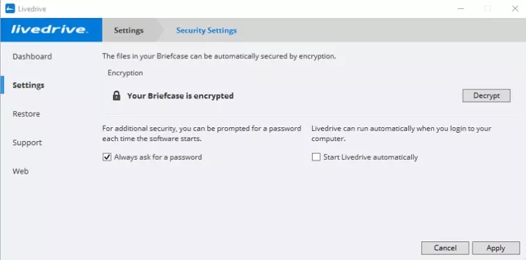 Livedrive briefcase encryption settings