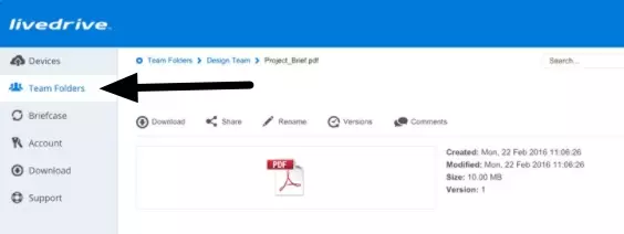 an arrow point to the team folders tab on livedrive