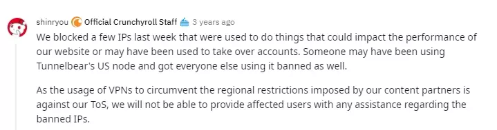 a reddit post saying crunchyroll has block VPN IP addresses