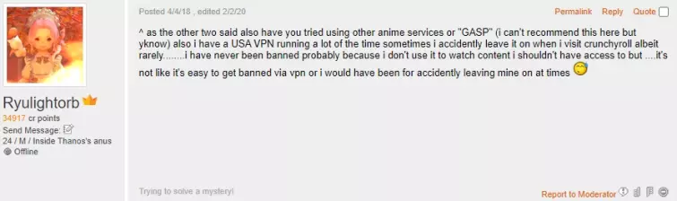 Crunchyroll user Ryuilghtorb on crunchyroll forum claiming they haven't been banned for using a VPN with the service