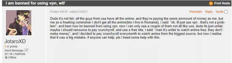 user JotaroXD on a forum asking why he has been banned from crunchyroll for using a VPN