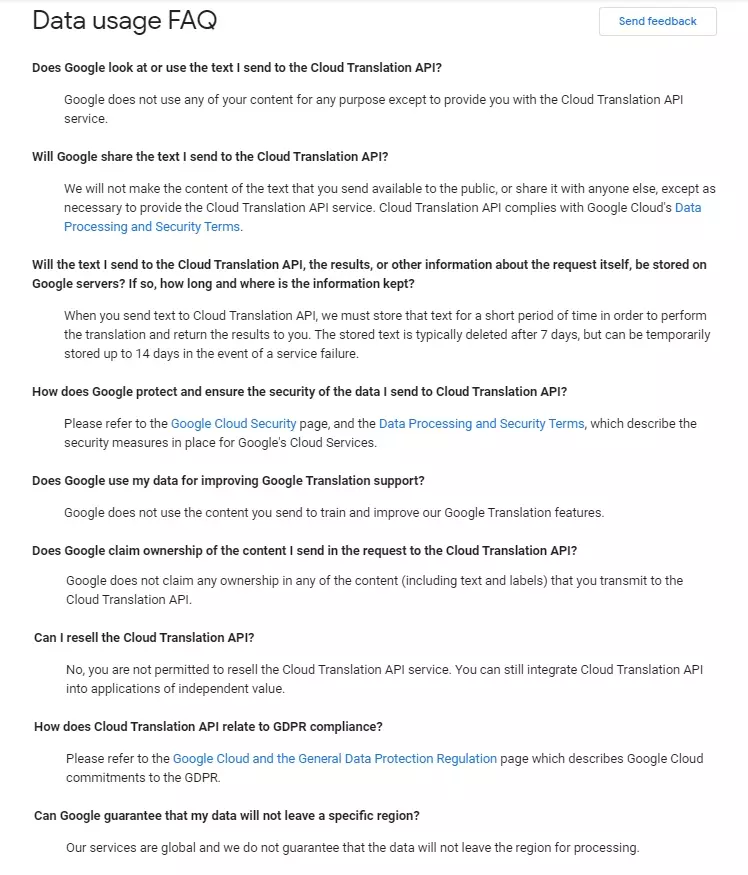 Data usage FAQ on the Google translate website