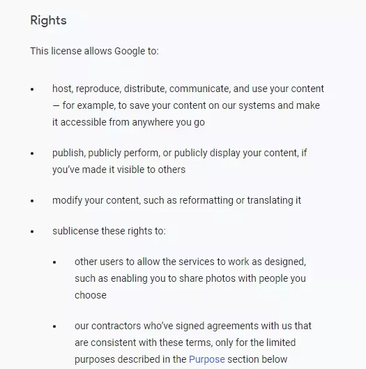 The rights section of the Google translate terms and conditions