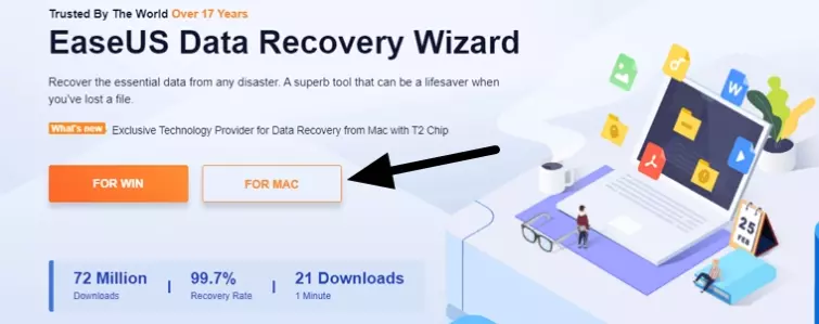 EaseUs data recovery wizard website, arrow pointing to mac download button