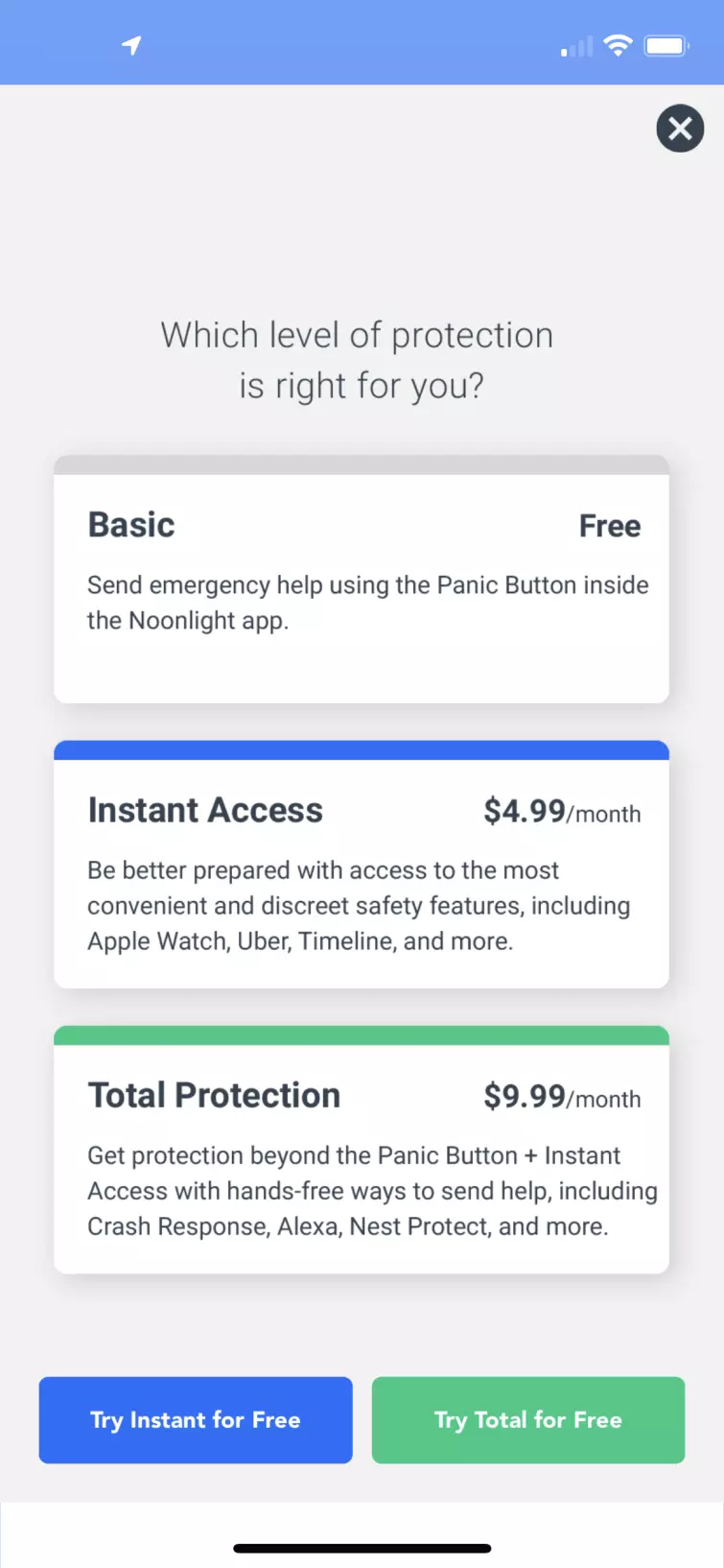 The pricing options for Noonlight