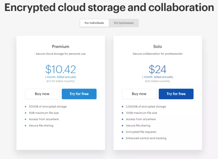 Tresorit pricing on their website