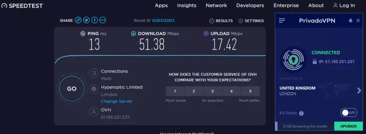 Privado free VPN server speed test