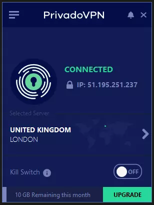 PrivadoVPN client connected to London server