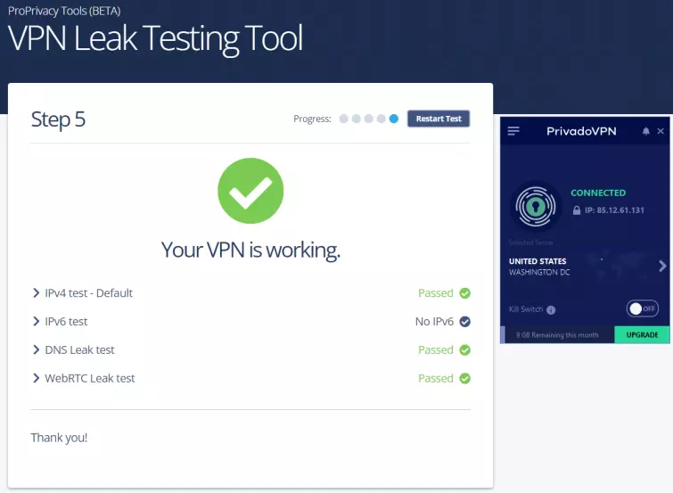 Privado Free VPN Leak Test