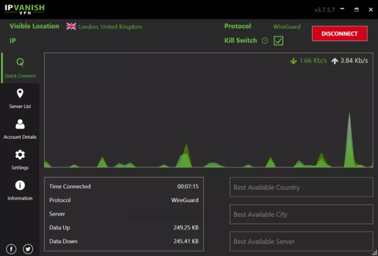 Connection and bandwidth graph for IP Vanish