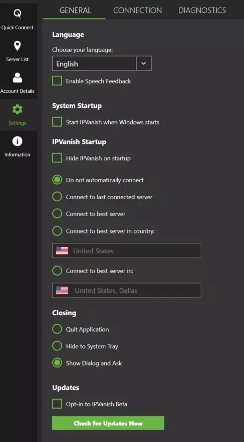Settings for IPVanish
