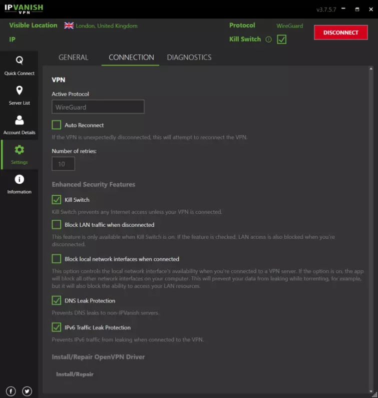 Connection configuration settings for IPVanish