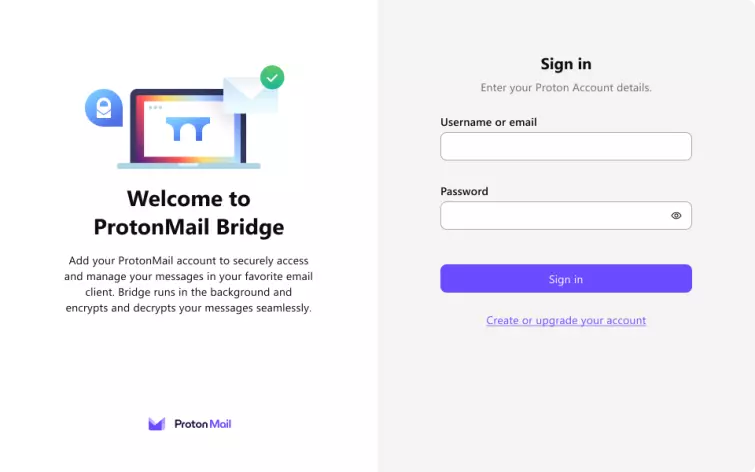 Proton bridge login page desktop app white mode