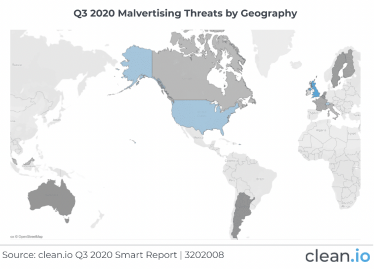 Malvertising threats by regions, a map
