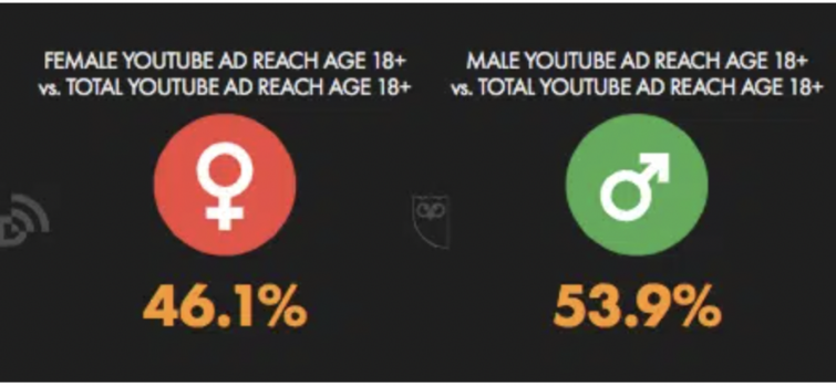 Youtube audience by gender, male and female symbols with percentages