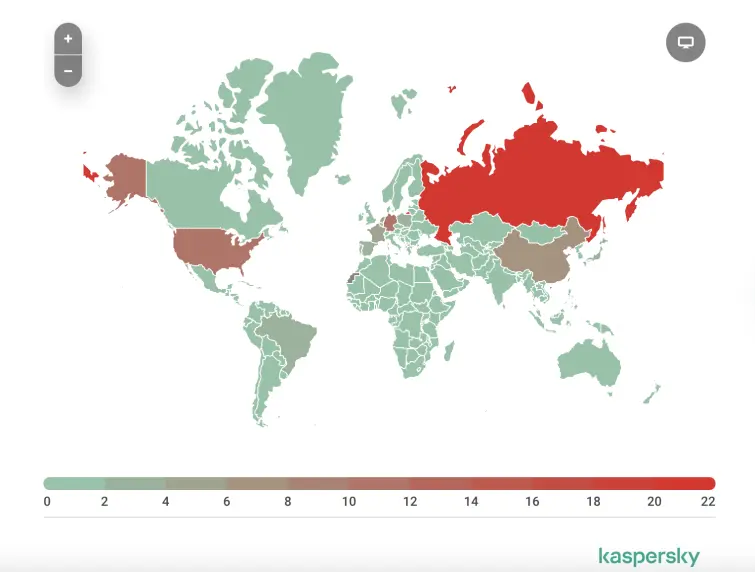 A map of the most spammed countries in the world
