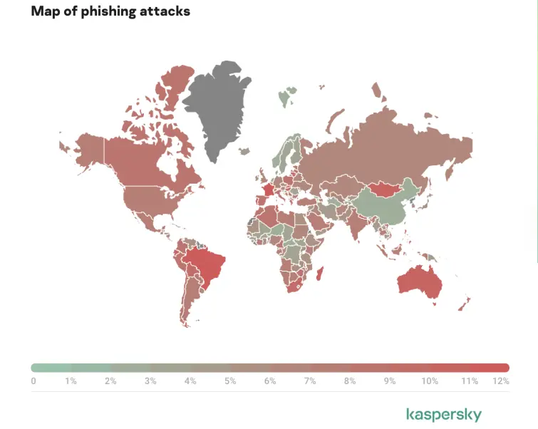 Map of phishing attacks by Kaspersky Coloured map of phishing attacks by Kaspersky