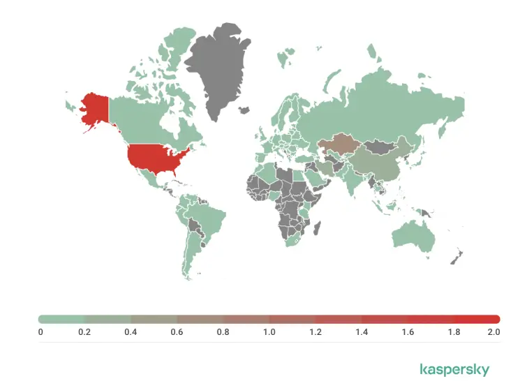 Trojan ransomware attacks by countries Trojan ransomware attacks, map representation by Kaspersky