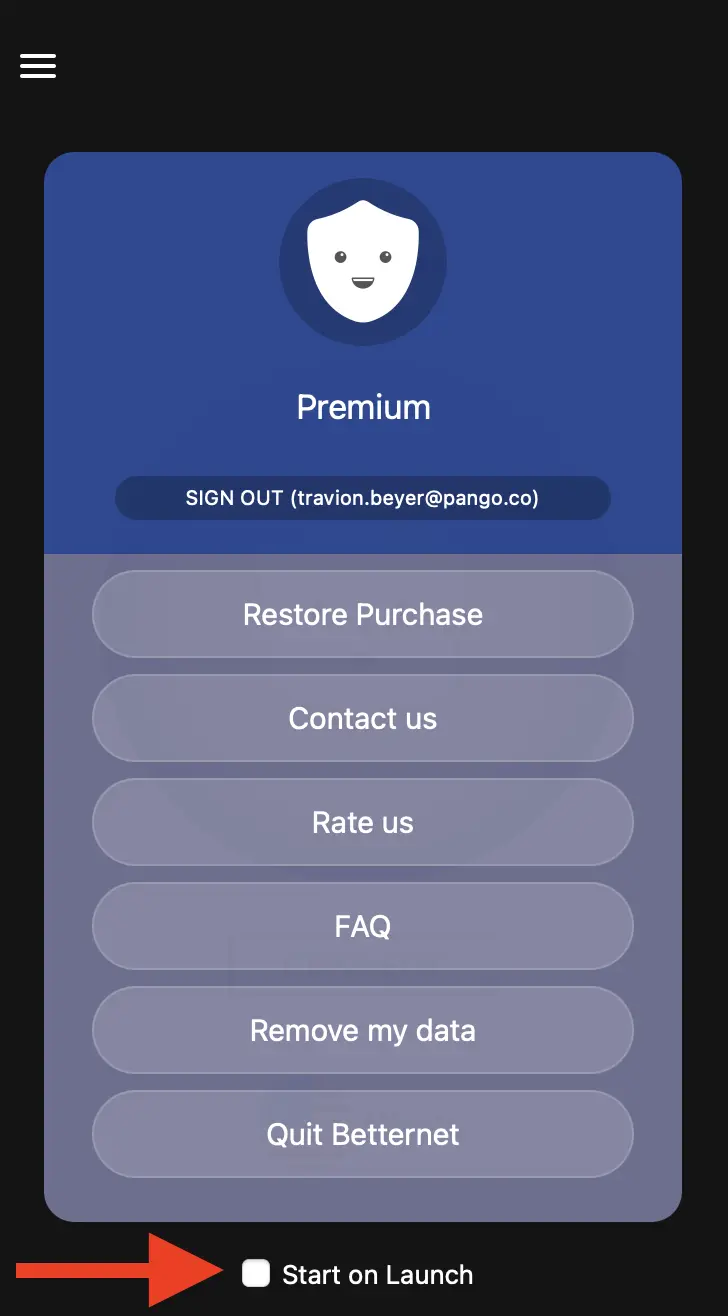 Betternet's macOS app is light on features.