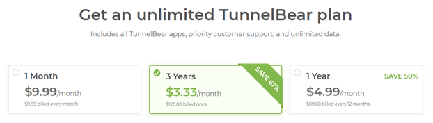 TunnelBear subscription costs.