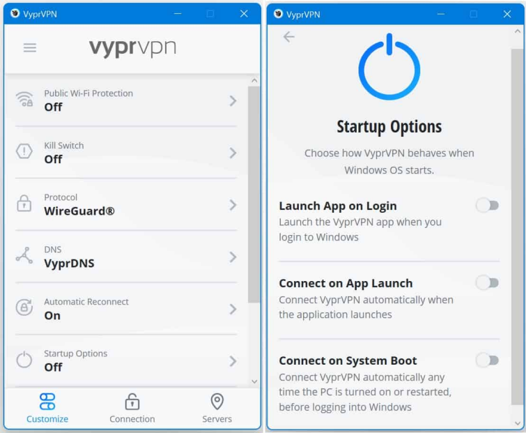 VyprVPN provides various startup options.