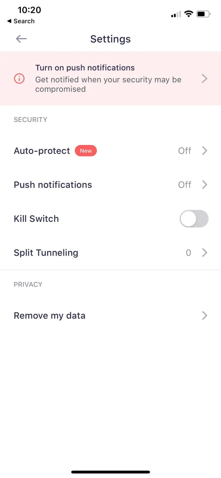 The Betternet iOS app has few features.