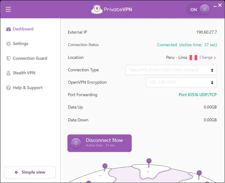 PrivateVPN dashboard