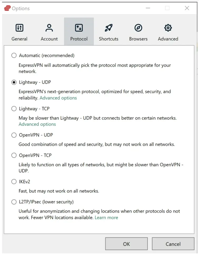 ExpressVPN protocol setup page