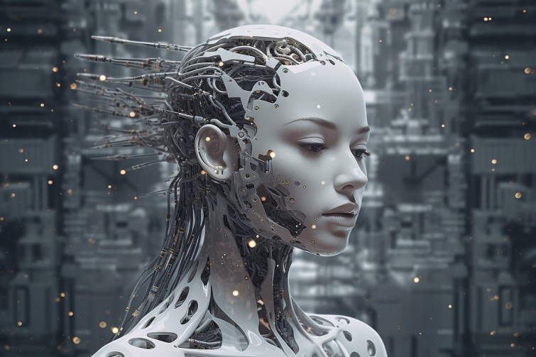 Gloomy representation of AI, a beautiful robot with wires protruding from its head