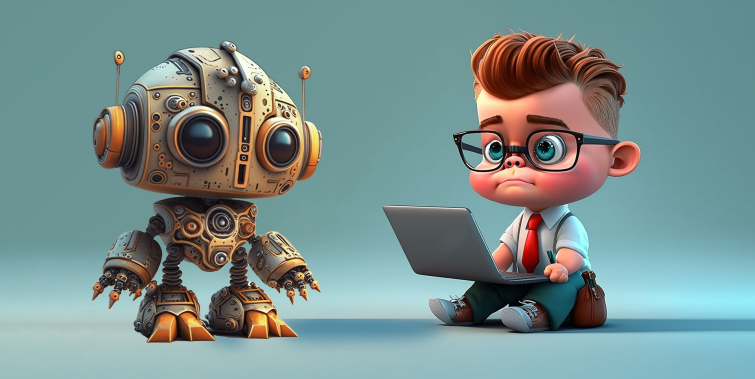 Animation of a kid on a laptop and a small robot next to him