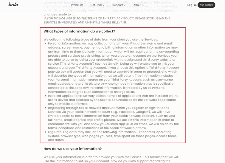 HolaVPN data collected