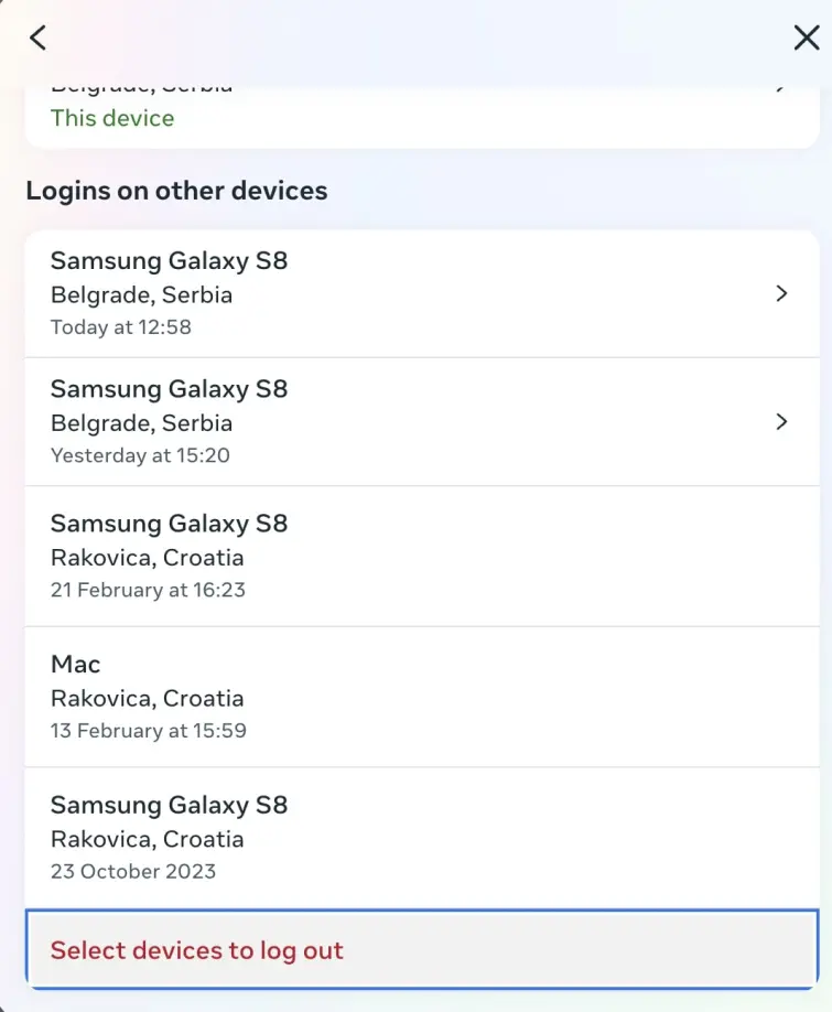Select devices to log out option in Facebook settings