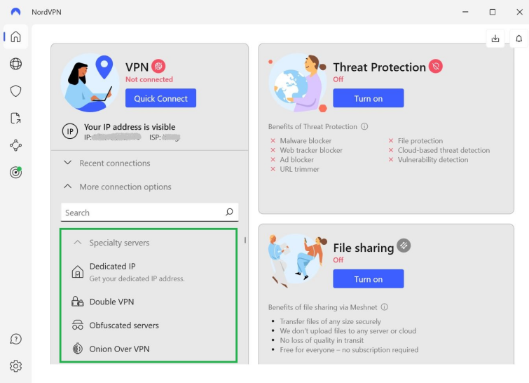 NordVPN desktop app interface showing specialty servers alongside threat protection & file-sharing features