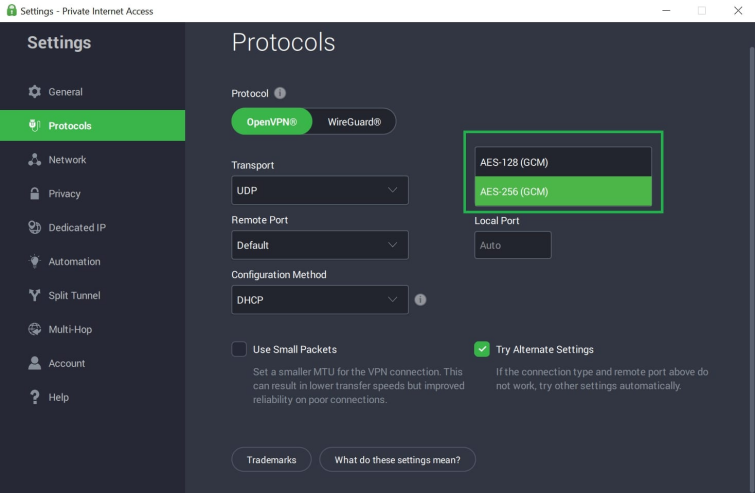 PIA VPN settings interface showing encryption settings and protocol configuration options