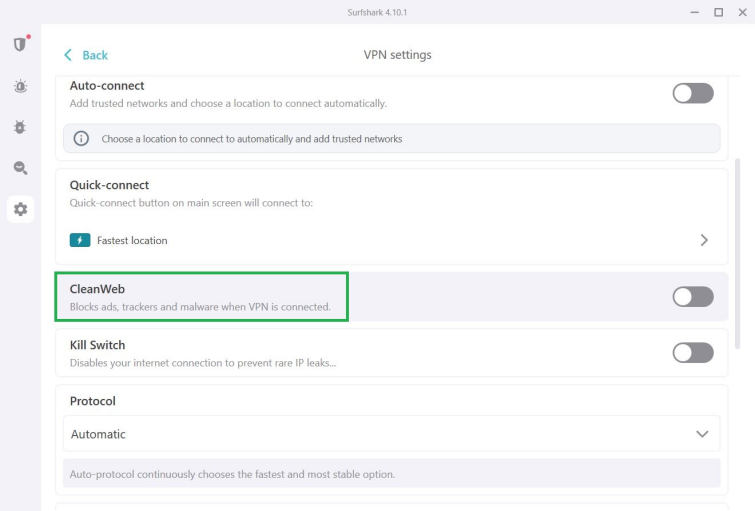 Surfshark VPN settings menu displaying options for auto-connect, quick-connect, CleanWeb ad blocking, kill-switch, and protocol selection