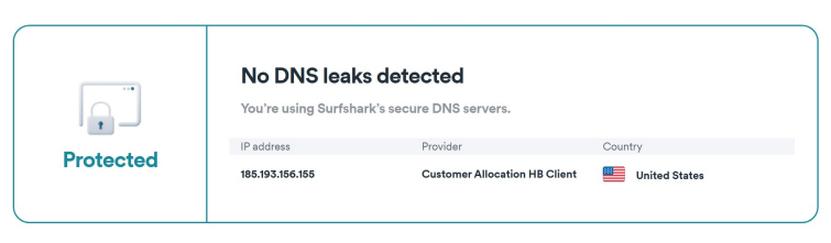 Surfshark security status screen showing no DNS leaks detected on a US IP address