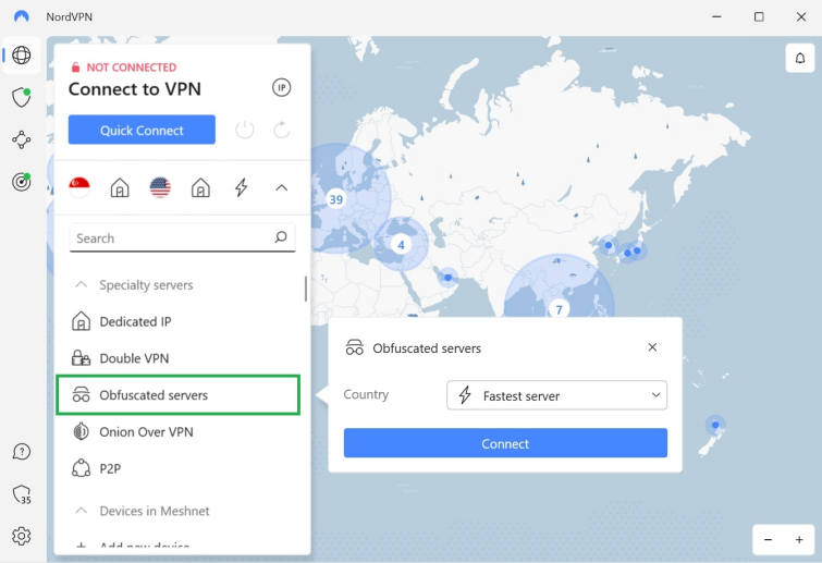 Screenshot of NordVPN desktop interface highlighting obfuscated servers