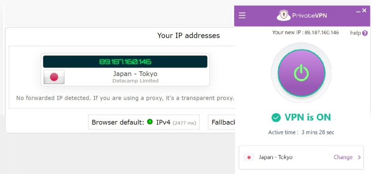 PrivateVPN Japan IP address